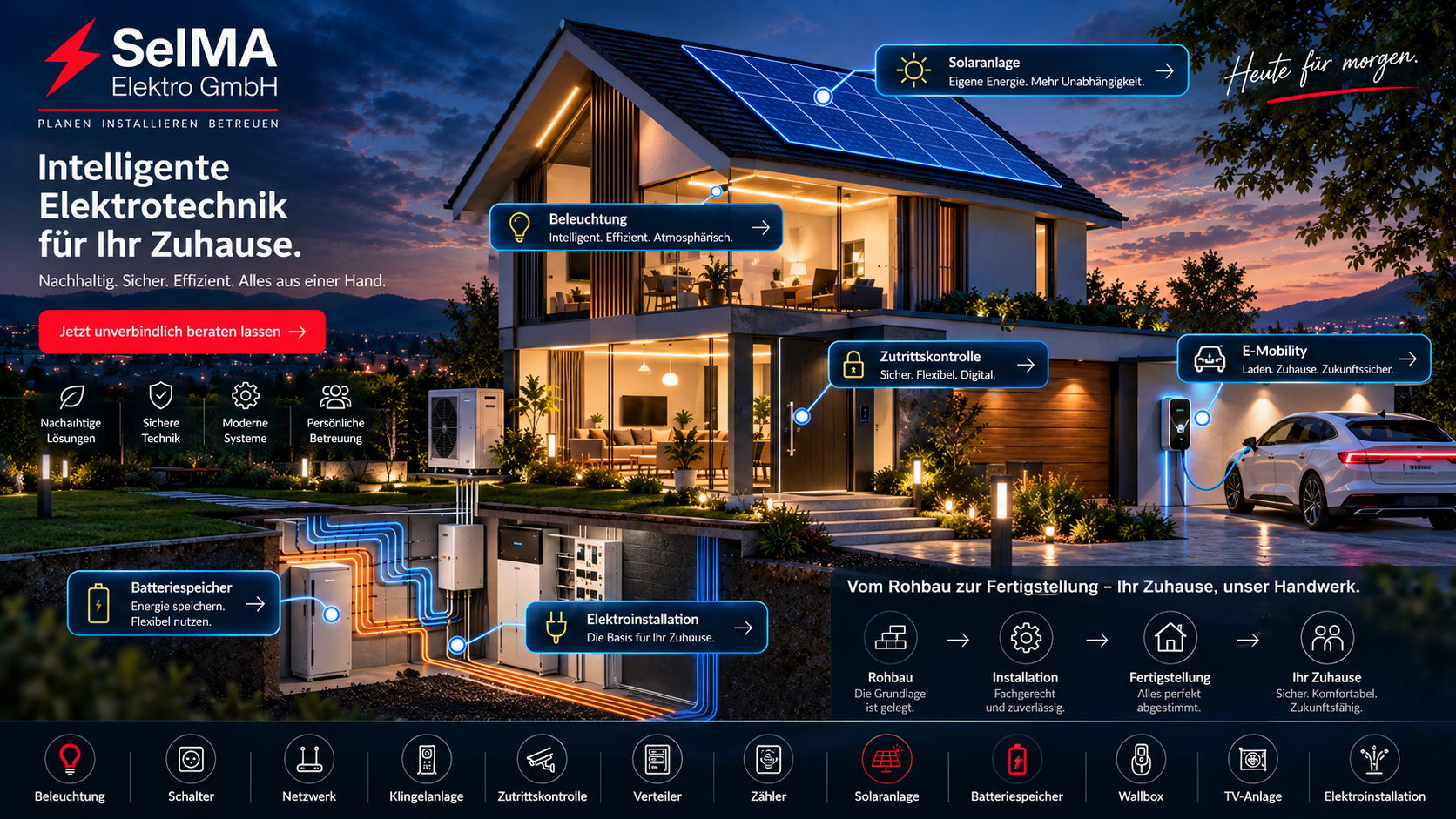 SelMA Elektro – intelligentes Haus mit Photovoltaik, Beleuchtung, Zutrittskontrolle, Wallbox, Batteriespeicher und Elektroinstallation