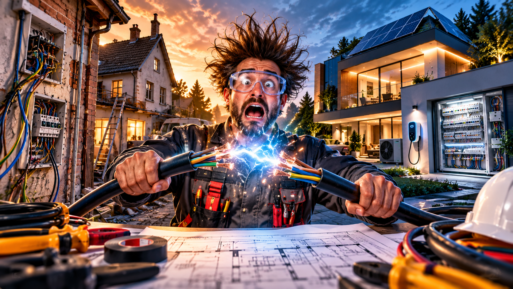Illustrative Elektrotechnik-Szene mit Elektriker, getrennten Kabeln und sichtbarem Lichtbogen