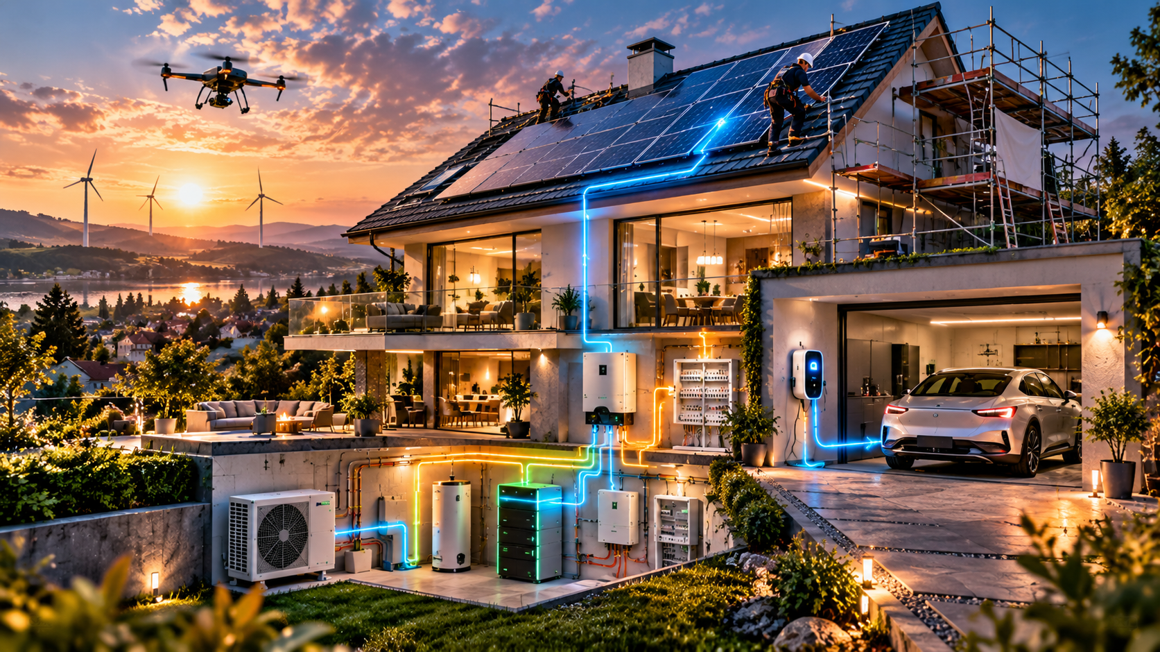 Modernes Haus mit Photovoltaik, Speicher, Wallbox, Wärmepumpe und visualisierten Energieflüssen
