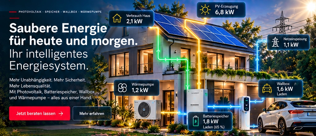 SelMA Energiesystem mit Photovoltaik, Wärmepumpe, Batteriespeicher, Wallbox und Netz